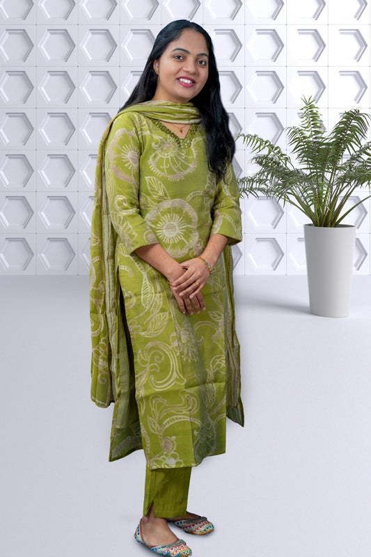 Green Printed Cotton Modal Silk Kurta Set with Dupatta(KER-1200)