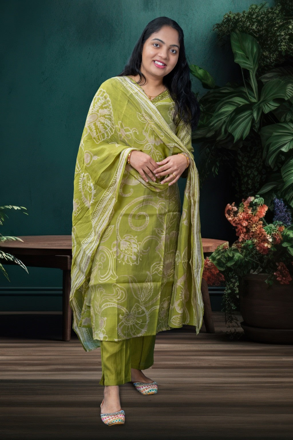 Green Printed Cotton Modal Silk Kurta Set with Dupatta(KER-1200)