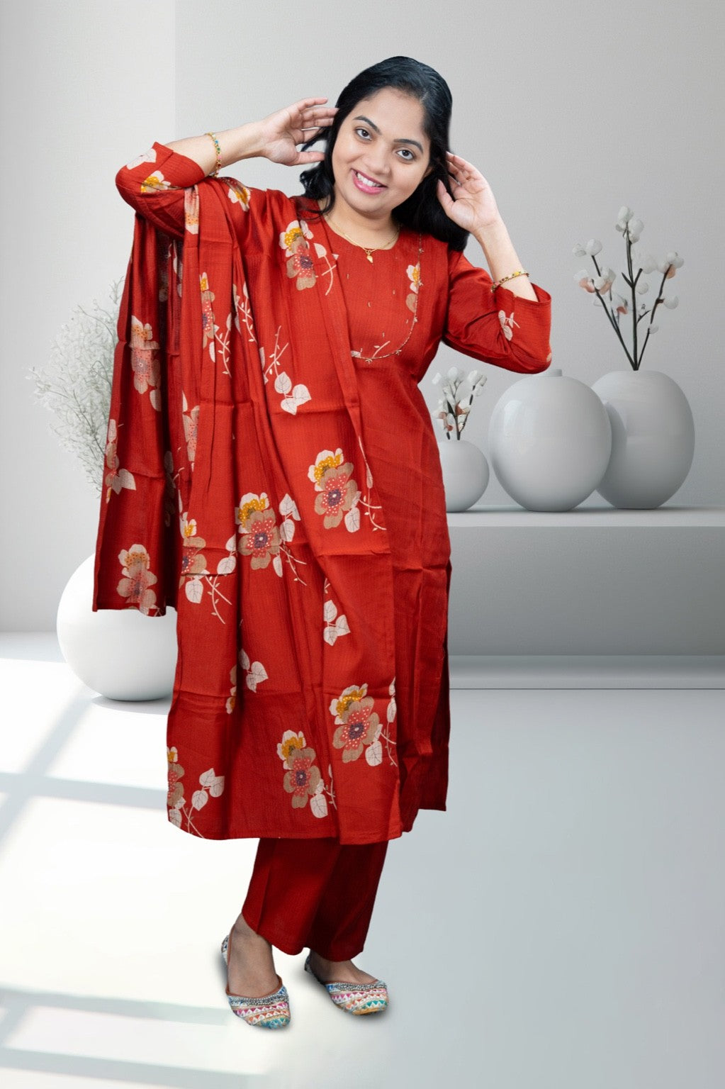 Red Floral Cotton Silk Kurta Set with Matching Dupatta (KER-1201)