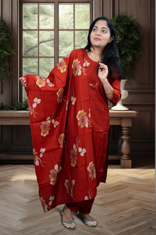 Red Floral Cotton Silk Kurta Set with Matching Dupatta (KER-1201)
