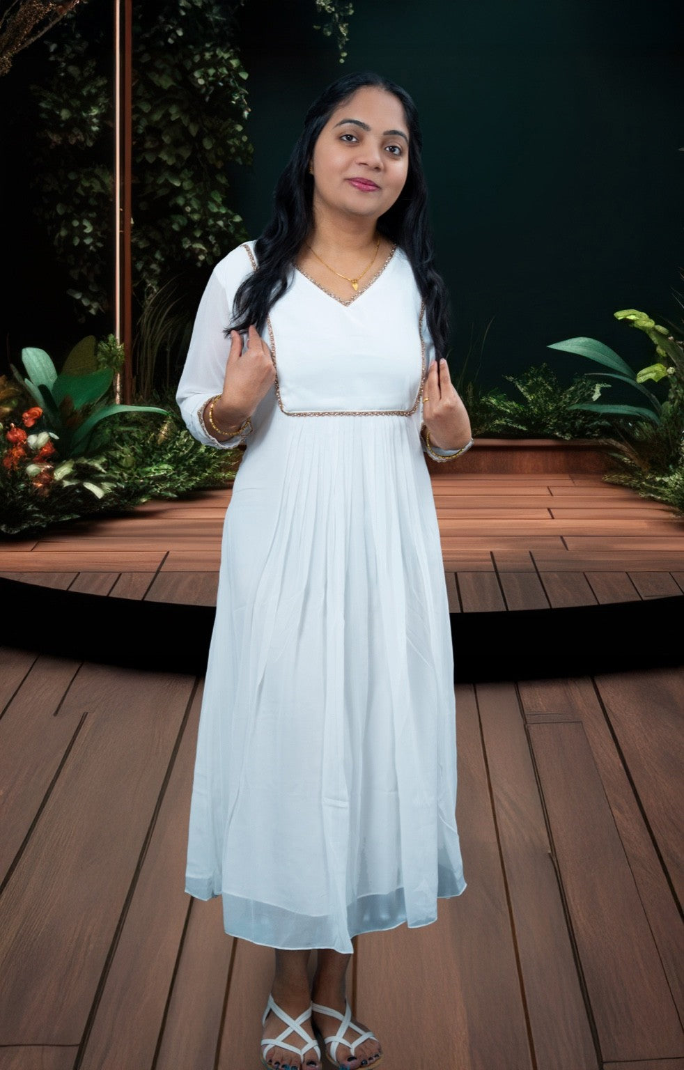 Elegant White Cotton Silk Anarkali Dress with Pleated Flare(KER-1202)