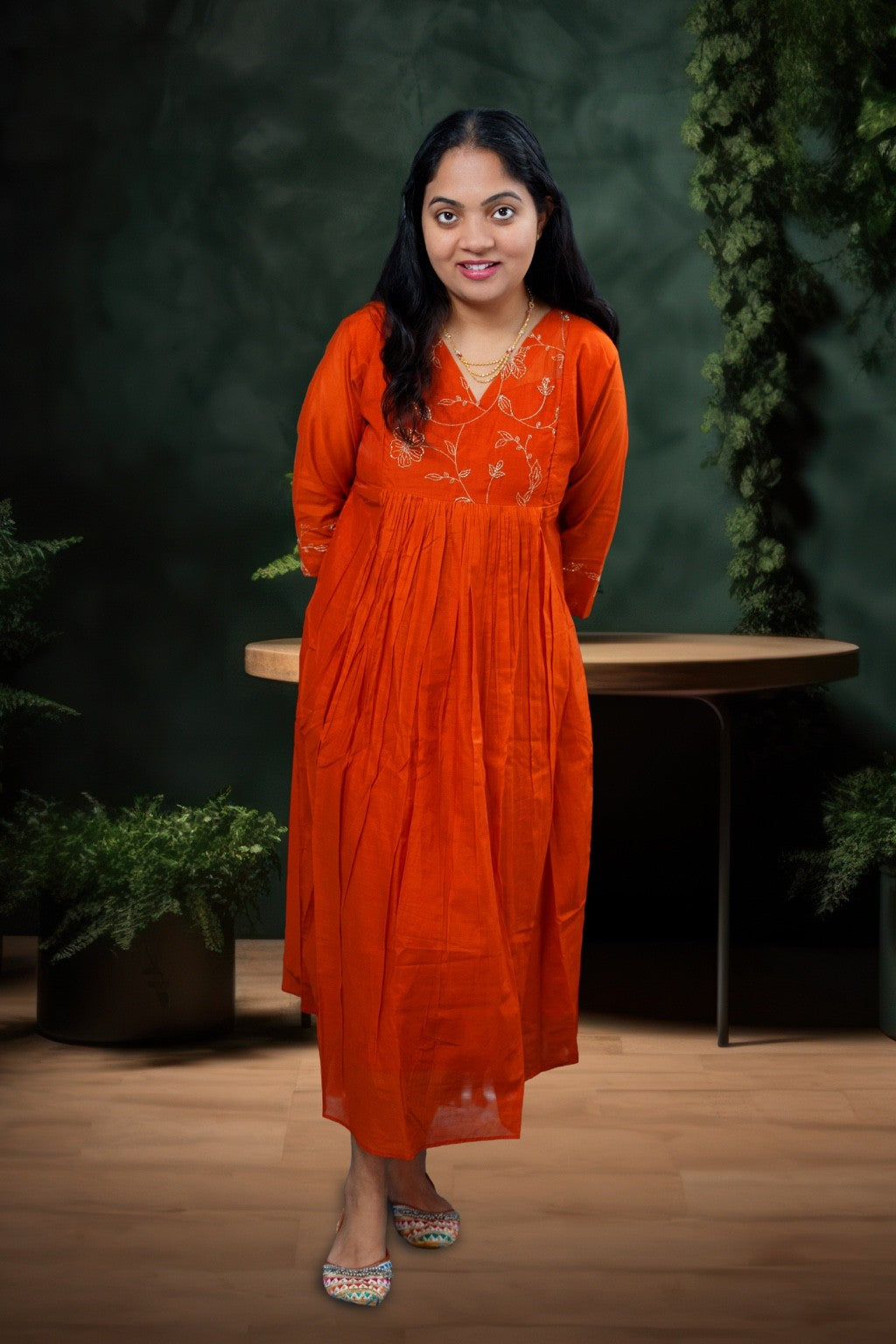 Rust Orange Cotton Anarkali Dress with Embroidered Yoke(KER-1204)