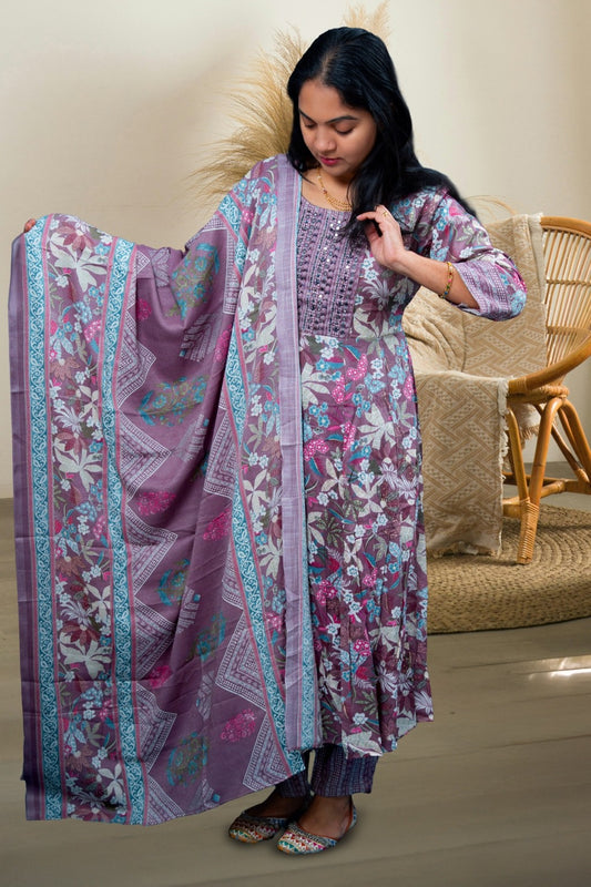 Mauve Floral Printed Cotton Kurta Set with Embellished Yoke(KER-1205)