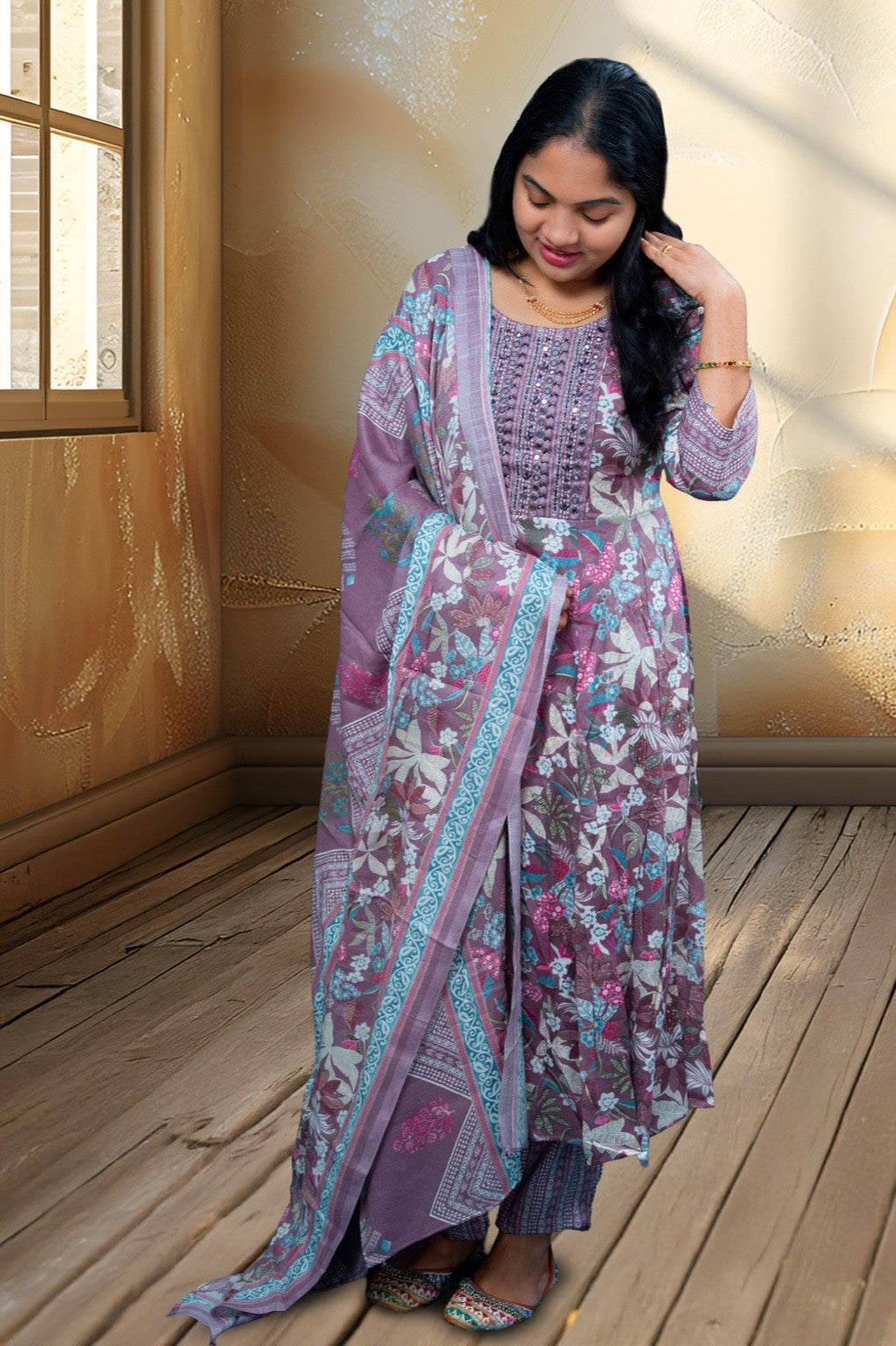 Mauve Floral Printed Cotton Kurta Set with Embellished Yoke(KER-1205)