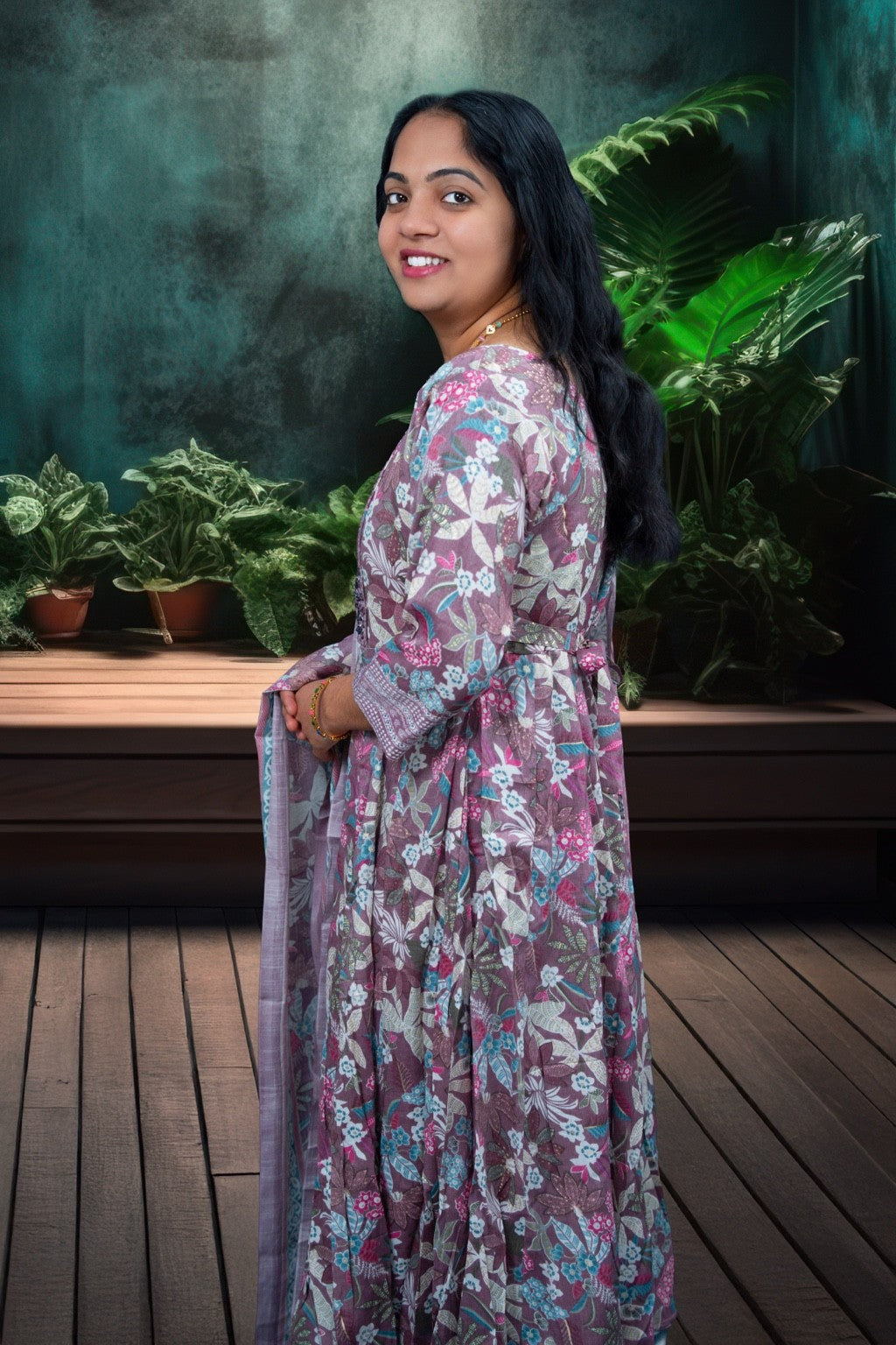 Mauve Floral Printed Cotton Kurta Set with Embellished Yoke(KER-1205)