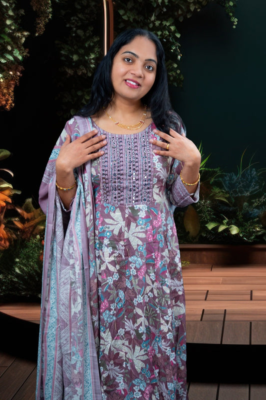 Mauve Floral Printed Cotton Kurta Set with Embellished Yoke(KER-1205)