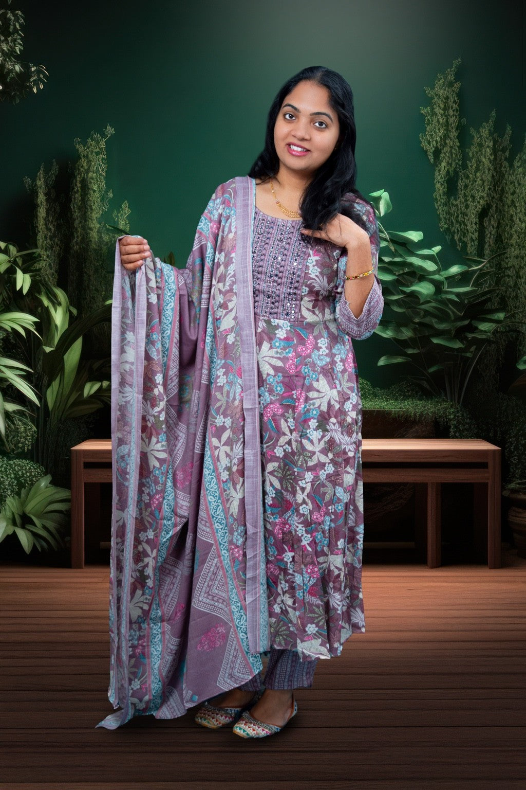 Mauve Floral Printed Cotton Kurta Set with Embellished Yoke(KER-1205)