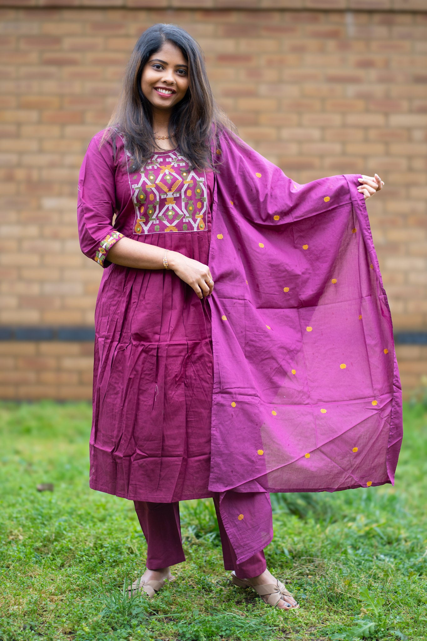 Wine Embroidered Salwar Suit Set with Dupatta(KSH-1202)