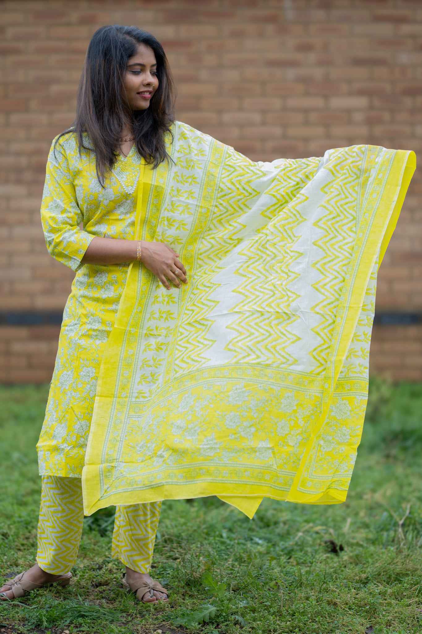 Yellow Printed Salwar Suit Set with Dupatta (KSH-1201)
