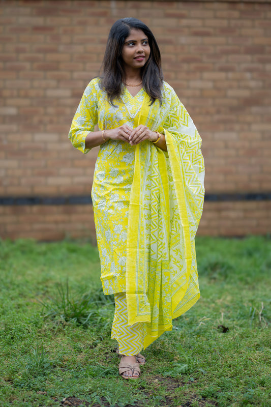 Yellow Printed Salwar Suit Set with Dupatta (KSH-1201)