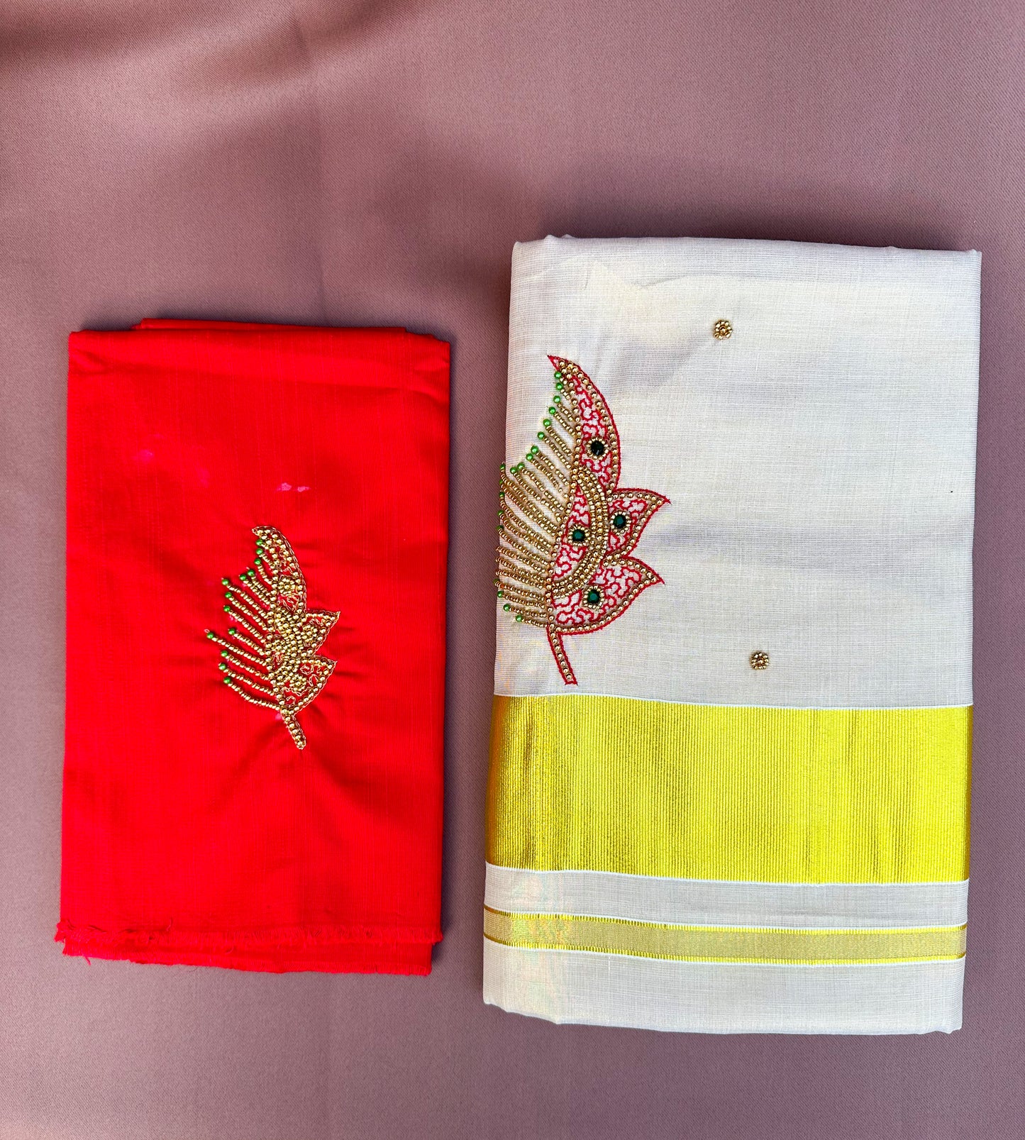 Kasavu Saree with Embroidery, golden beads and stone work (SAR160)