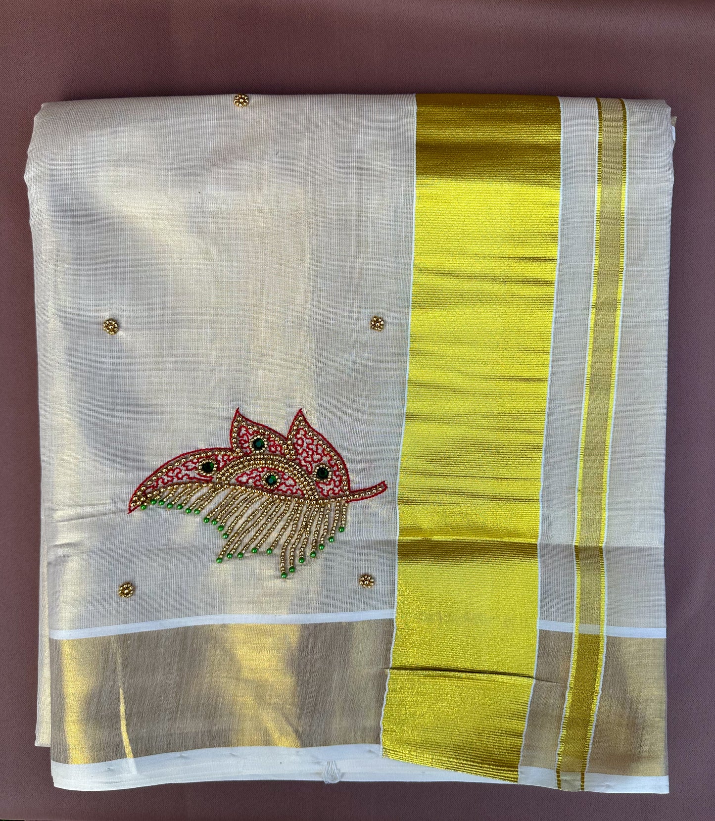 Kasavu Saree with Embroidery, golden beads and stone work (SAR160)