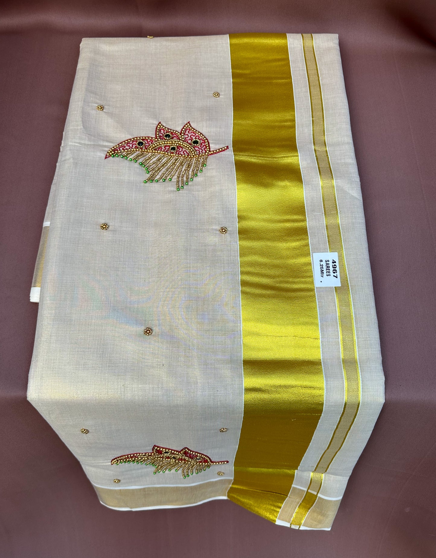 Kasavu Saree with Embroidery, golden beads and stone work (SAR160)