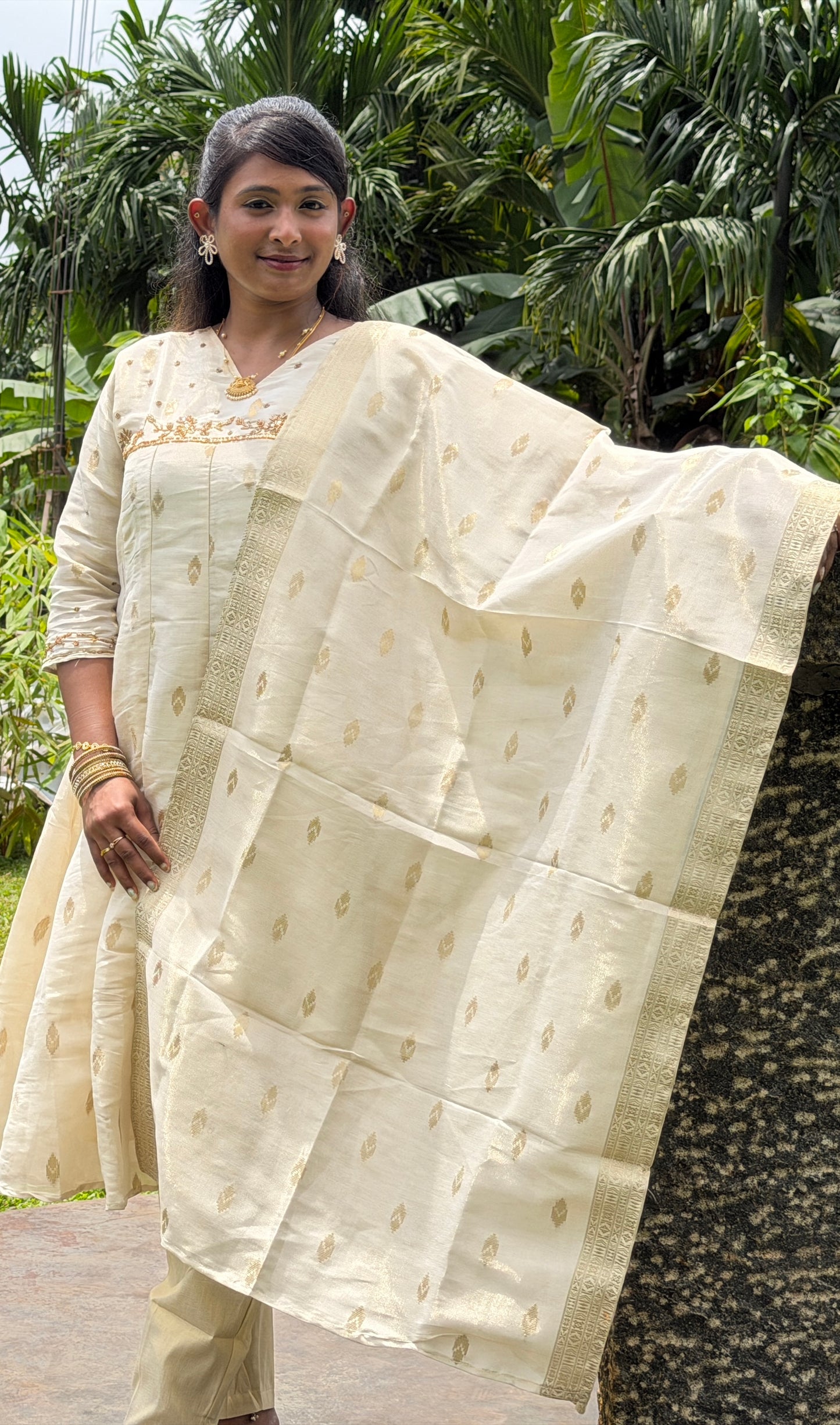 Women’s Tissue Silk Salwar Suit with Dupatta | Cream & Gold Embroidered Ethnic Set (KER-1186)