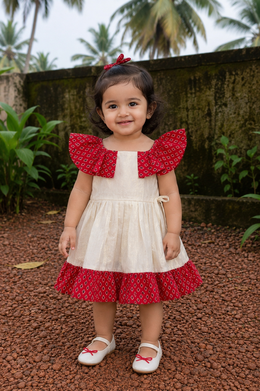 Girls Tissue Party Frock | Cream & Red Festive Dress (0–4 Years)
(KCW134)