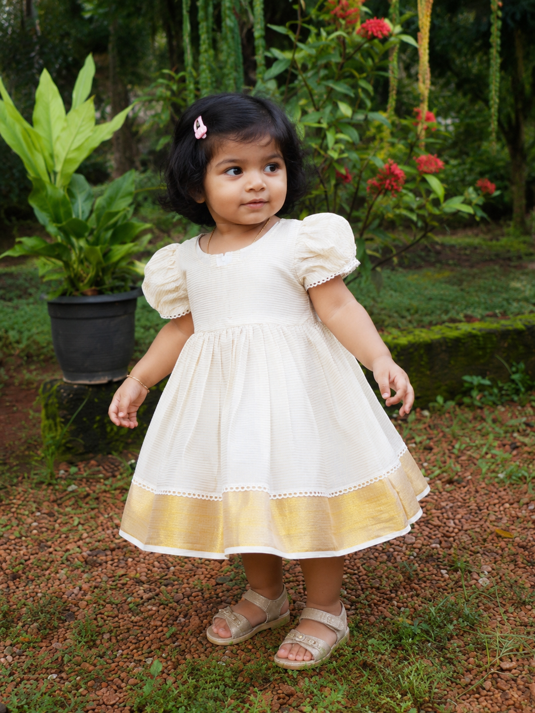 Girls Tissue Party Frock with stripes| Cream & Gold Festive Dress (0–4 Years)(KCW135)