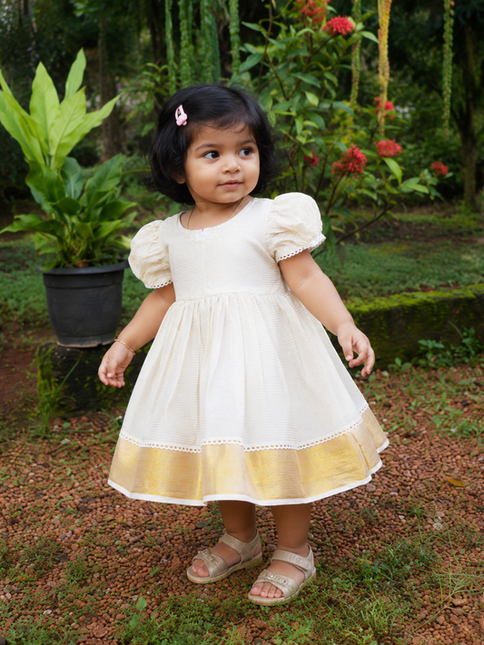 Girls Tissue Party Frock with stripes| Cream & Gold Festive Dress (0–4 Years)(KCW135)