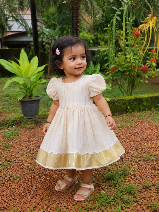 Girls Tissue Party Frock with checks| Cream & Gold Festive Dress (0–6 Years) (KCW136)
