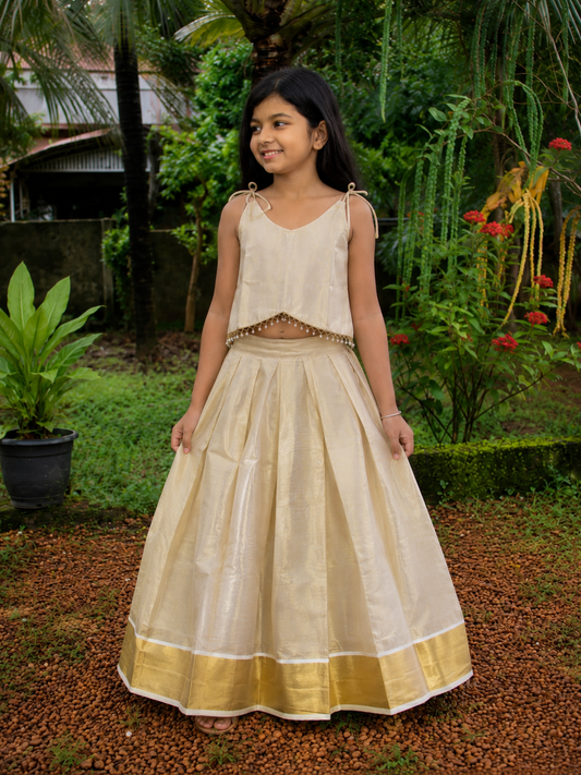 Girls Tissue crop top & Skirt – Gold & Cream Colour (KCW137)