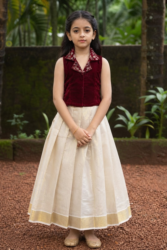 Girls Tissue crop Velvet top & Skirt  (KCW138)