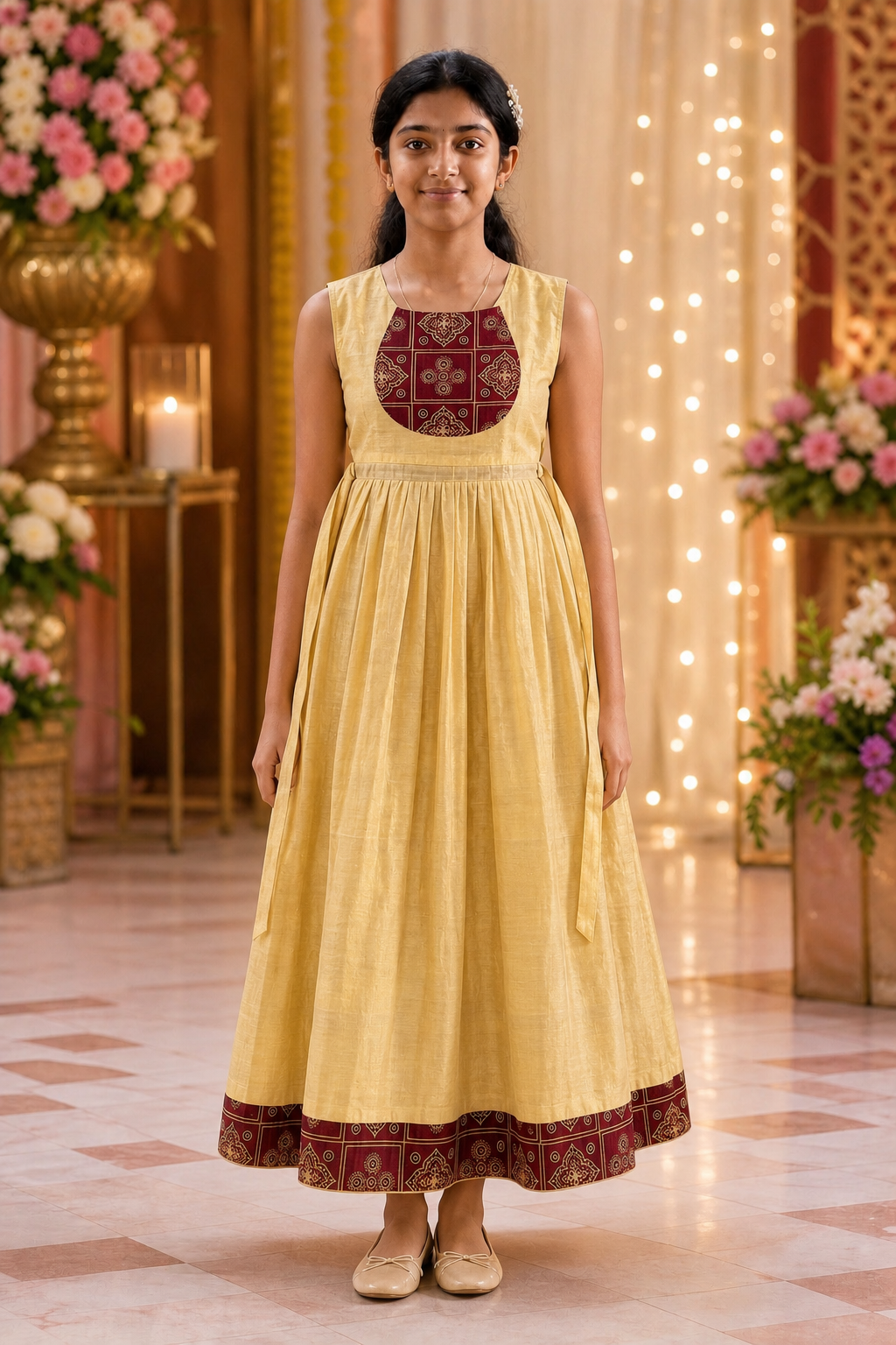 Girls Golden Ethnic Dress with Maroon Ajrakh Border (KCW-146)