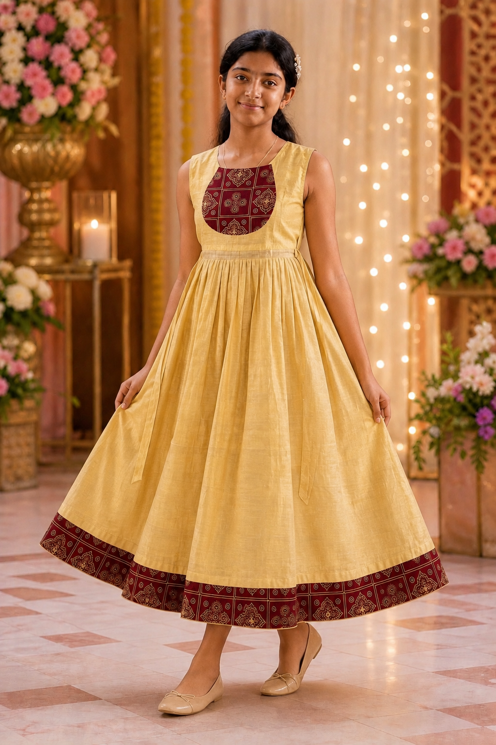 Girls Golden Ethnic Dress with Maroon Ajrakh Border (KCW-146)
