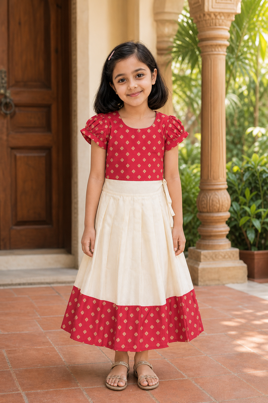Girls Red & Ivory Traditional Skirt and Top Set (KCW-147)