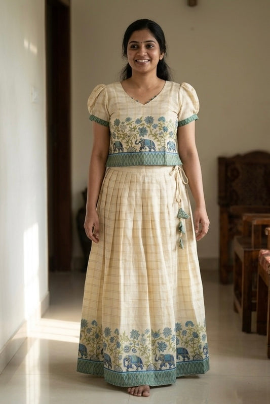 Girls Printed Top & Skirt Set | Beige & Blue dress (KER-1180)