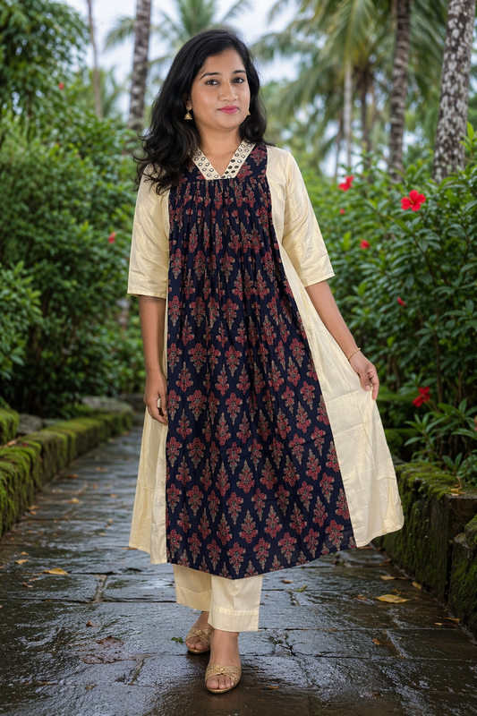 Women’s Tissue Ajrakh Kurta | Cream & Navy Ethnic Kurti (Kurta Only) (KER-1182)