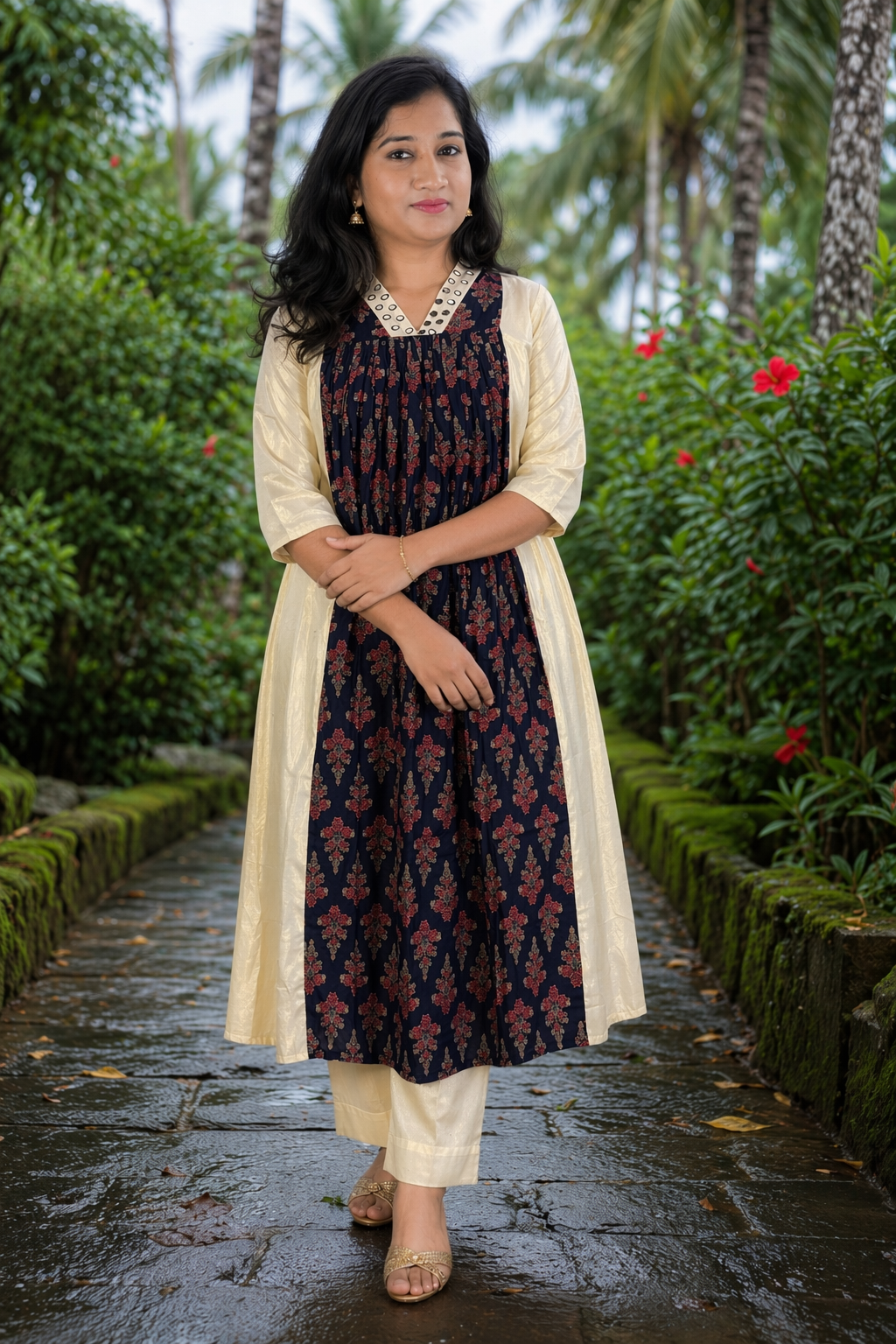 Women’s Tissue Ajrakh Kurta | Cream & Navy Ethnic Kurti (Kurta Only) (KER-1182)