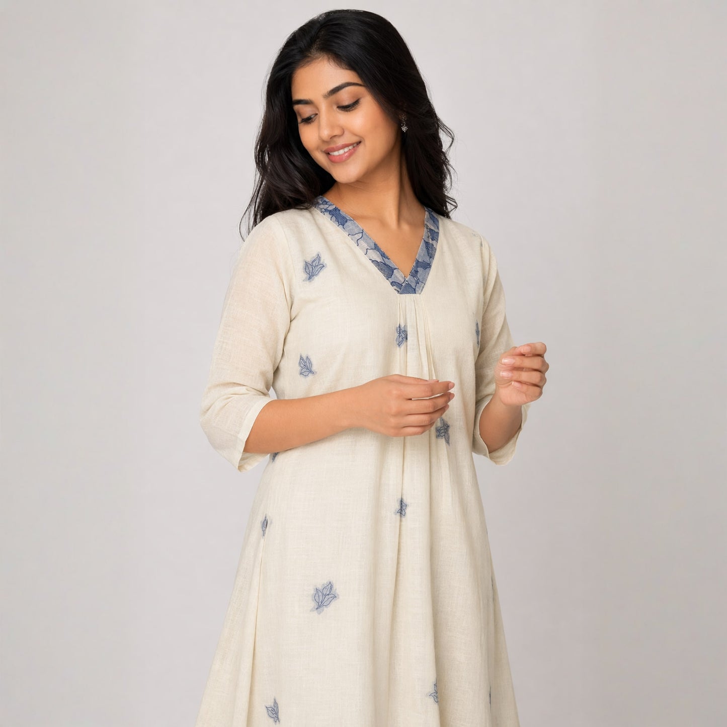 Women’s Linen Silk Embroidered Kurta | Cream & Blue Ethnic Kurti (KER-1184)
