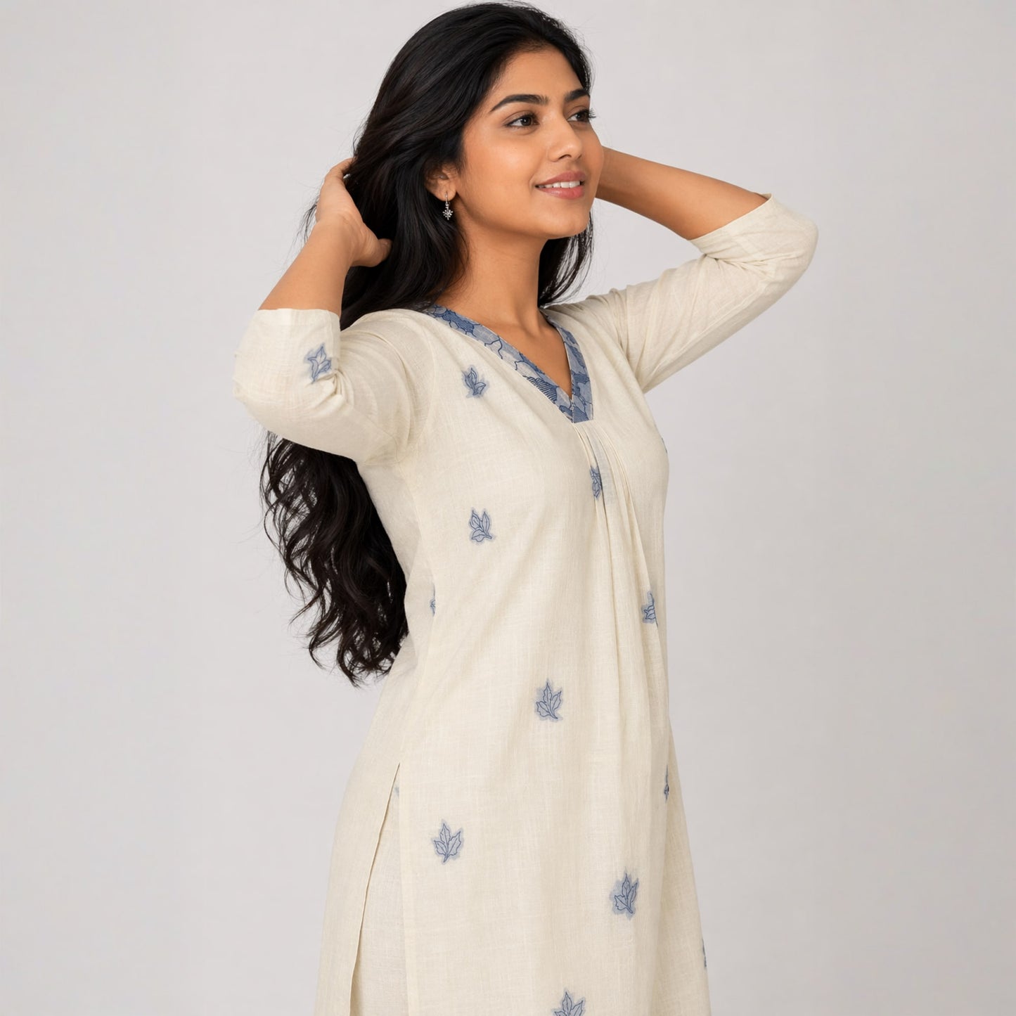 Women’s Linen Silk Embroidered Kurta | Cream & Blue Ethnic Kurti (KER-1184)