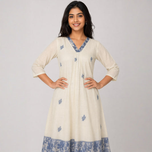 Women’s Linen Silk Embroidered Kurta | Cream & Blue Ethnic Kurti (KER-1184)