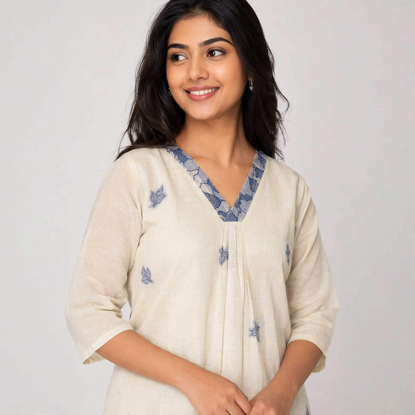 Women’s Linen Silk Embroidered Kurta | Cream & Blue Ethnic Kurti (KER-1184)