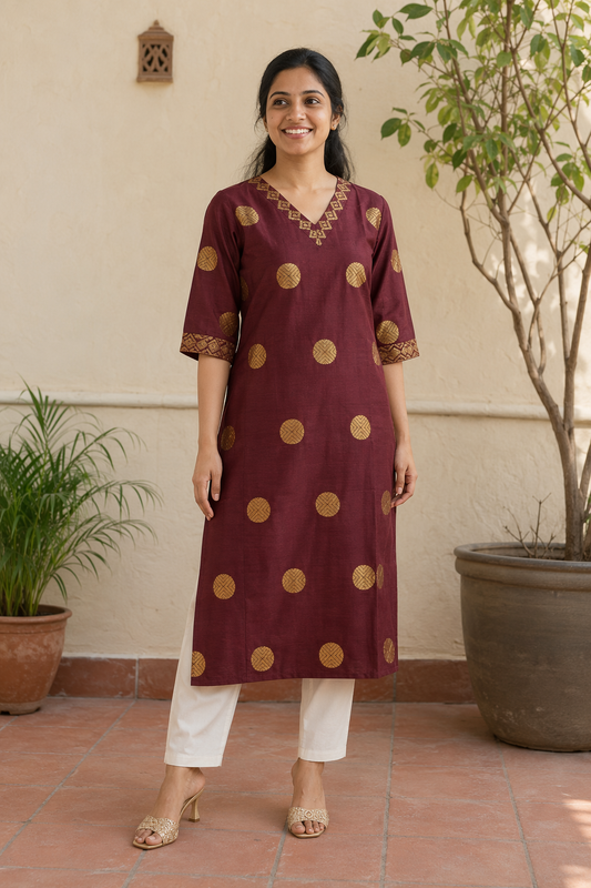 Women’s Cotton Silk Kurta | Maroon Printed Ethnic Kurti (KER-1185)