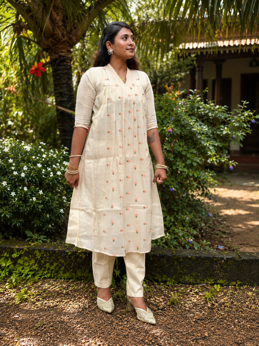 Women’s Tissue Kurta | Cream Embroidered Ethnic Kurti (KER-1187)
