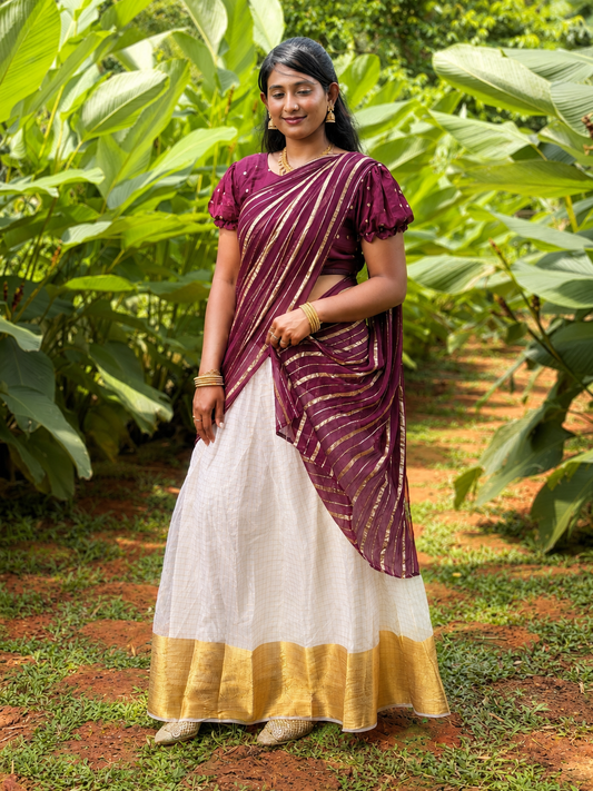 Women’s Kerala Half Saree Set | Purple Blouse, Cream Kasavu Skirt & Dupatta (KER-1189)