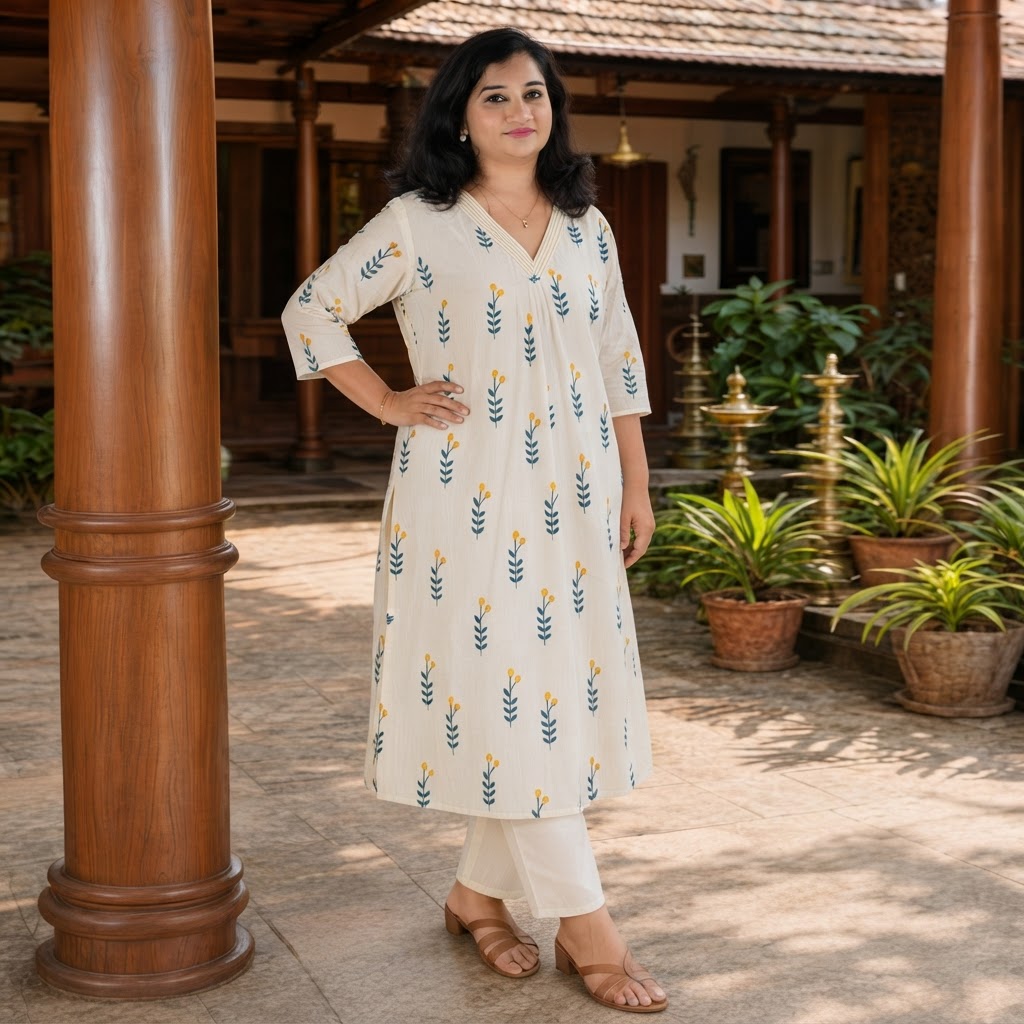 Premium Cotton Kurta | Cream Floral Print Ethnic Kurti (KER-1190)