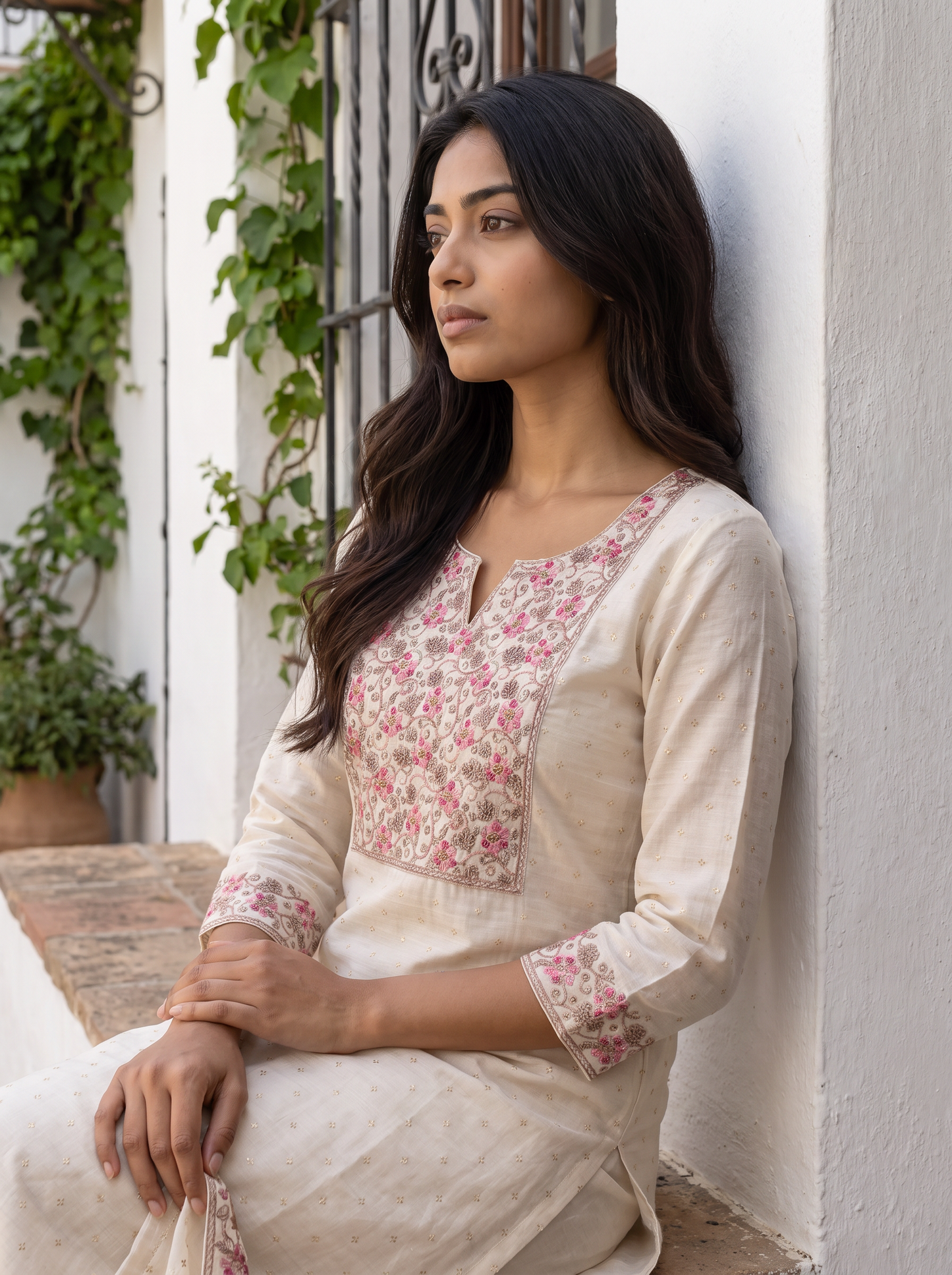 Premium Cotton Embroidered Kurta | Cream Floral Ethnic Kurti (KER-1191)