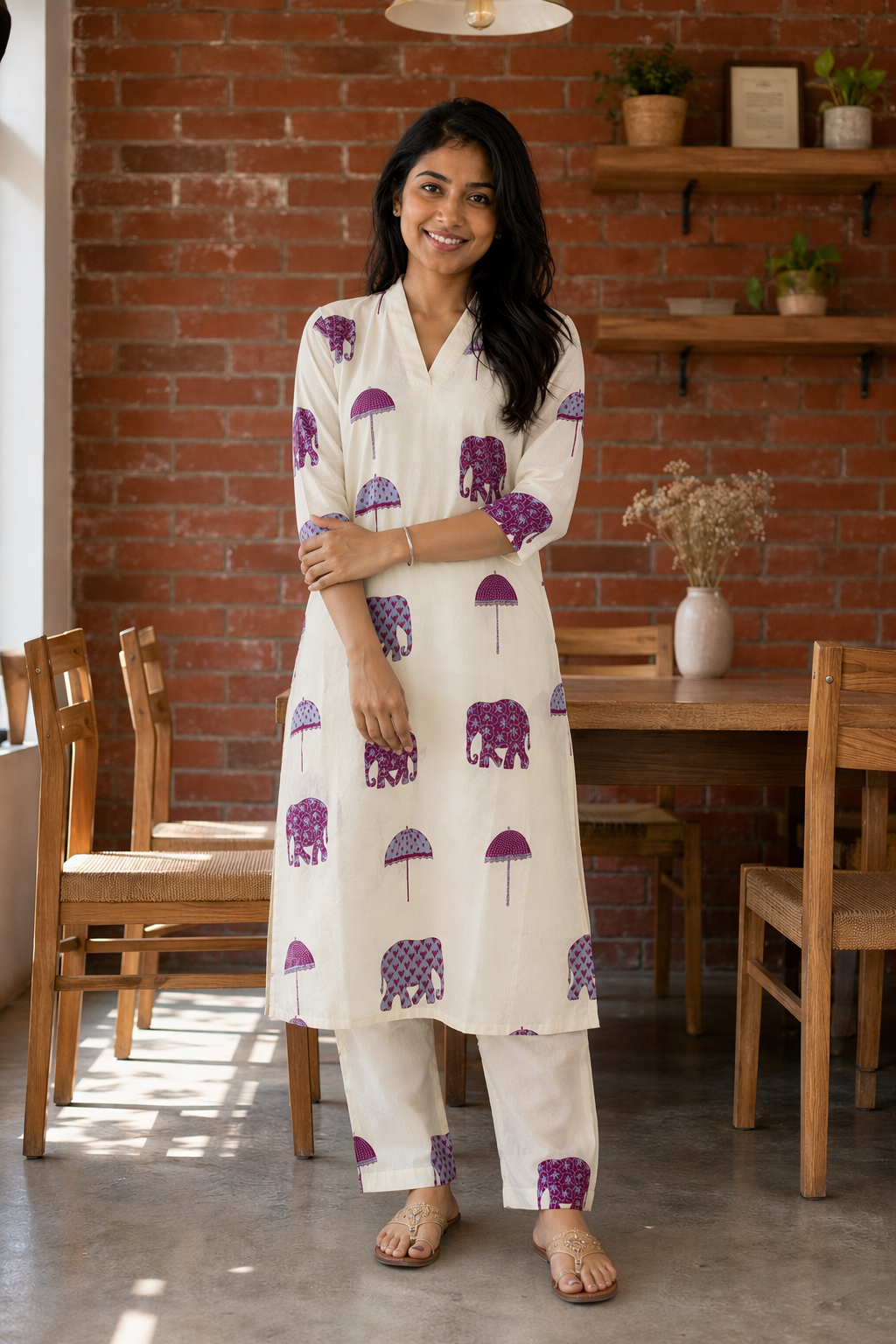 Women’s Premium Cotton Co-ord Set | Cream & Purple Elephant Print (KER-1192)