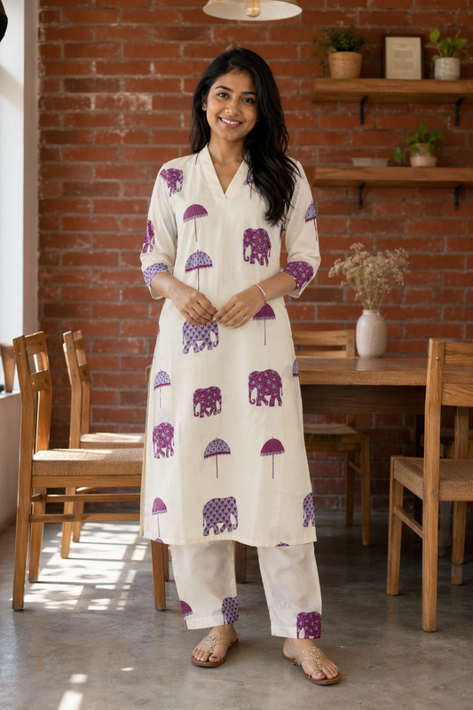 Women’s Premium Cotton Co-ord Set | Cream & Purple Elephant Print (KER-1192)