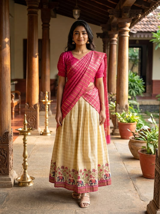 Pink Vichitra Silk & Tissue Half Saree Set | Kerala Dhavani | Floral Blues (KER-1198)