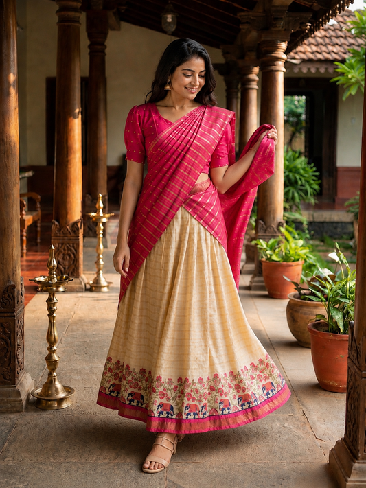 Pink Vichitra Silk & Tissue Half Saree Set | Kerala Dhavani | Floral Blues (KER-1198)