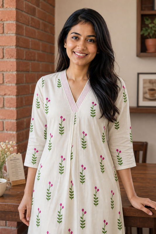 Premium Cotton Floral Print A-Line Kurti – Off White with Pink Floral Motifs (KER-1199)