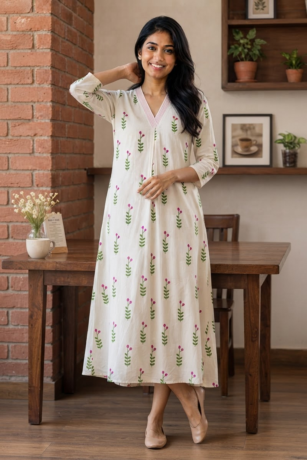 Premium Cotton Floral Print A-Line Kurti – Off White with Pink Floral Motifs (KER-1199)