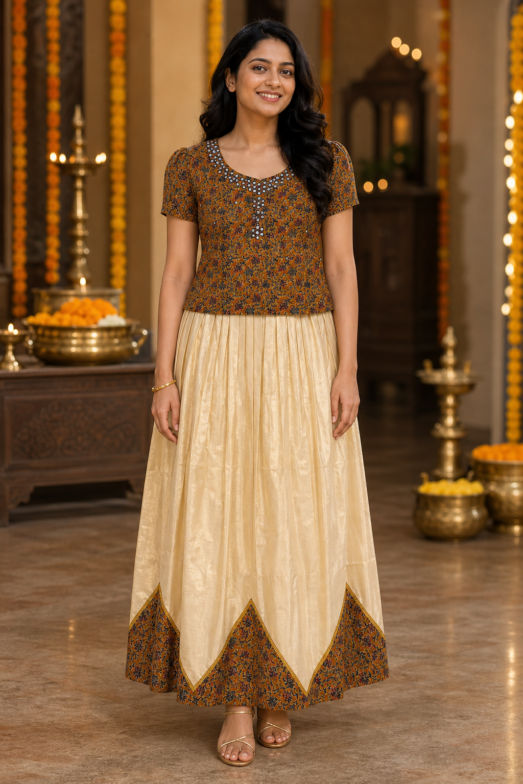 Premium Tissue Long Skirt with Ajrakh Mirror Work Blouse (KER-1200)