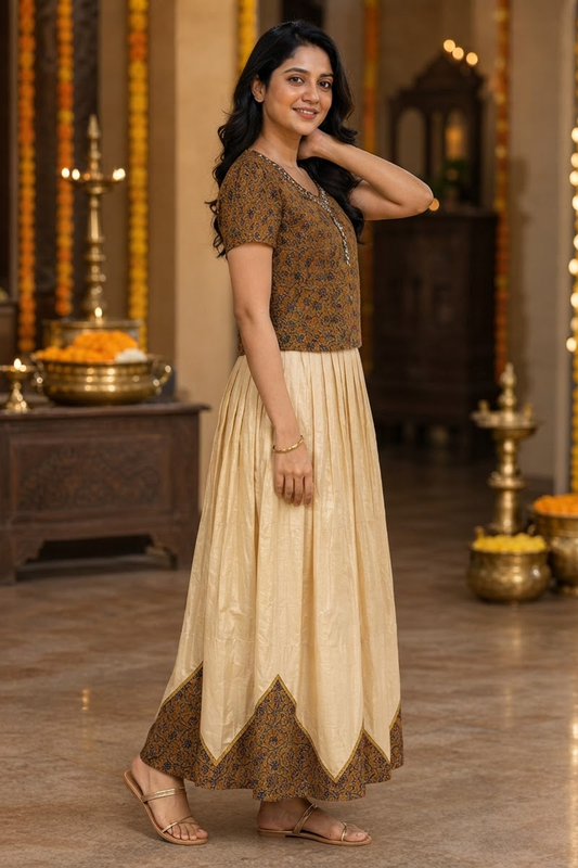 Premium Tissue Long Skirt with Ajrakh Mirror Work Blouse (KER-1200)
