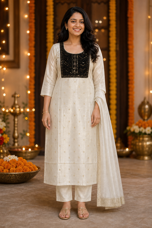 Premium Off-White Festive Salwar Suit with Black Embroidered Yoke (KER-1208)