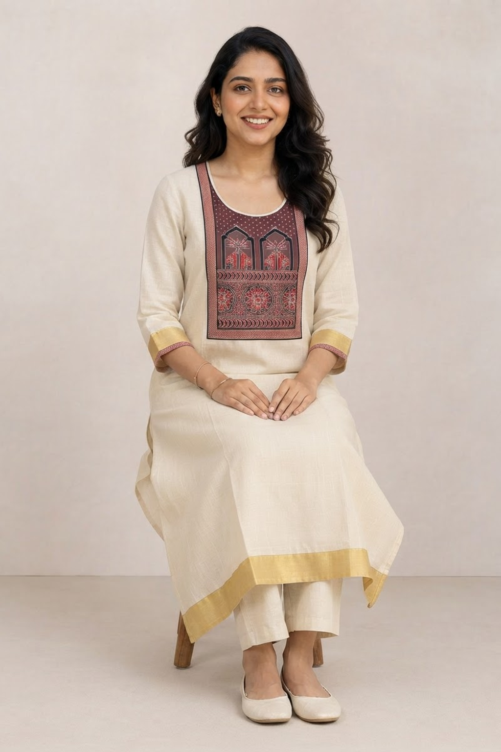 Ivory Kasavu Kurta with Ajrakh Yoke (KER-1220)