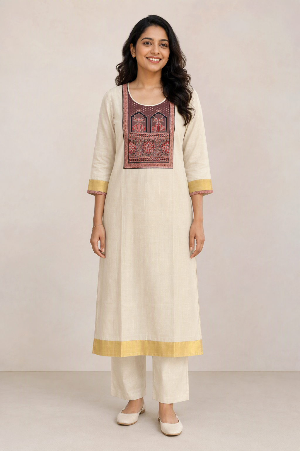 Ivory Kasavu Kurta with Ajrakh Yoke (KER-1220)